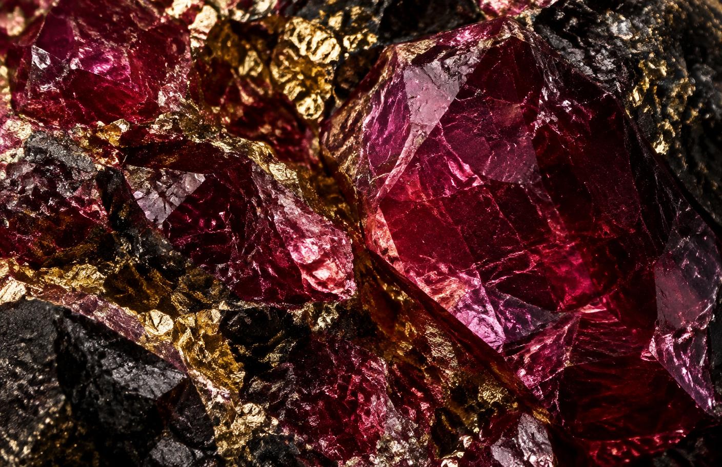 Raw garnet crystal and metallic gold texture
