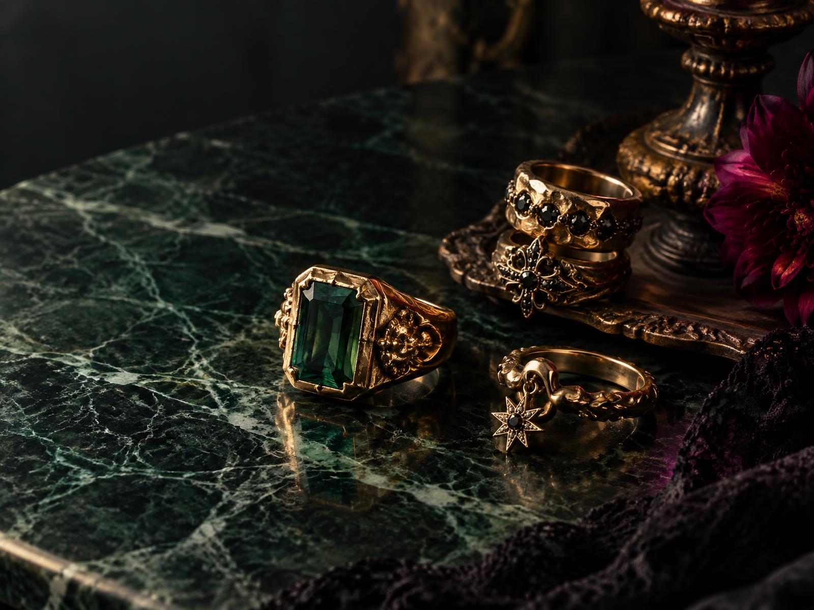 Sculptural gold and gemstone rings on emerald marble